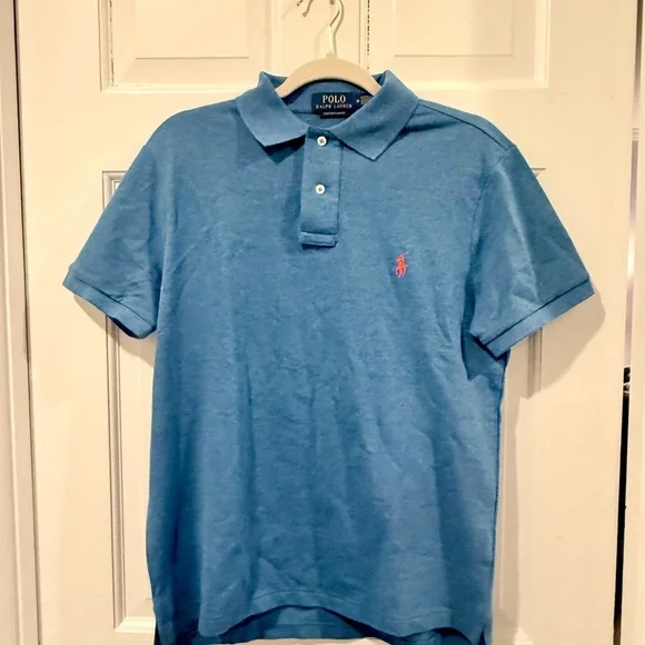 Men’s Ralph Lauren Blue Polo with Pink Logo - Size M Slim Fit - Picture 2 of 5